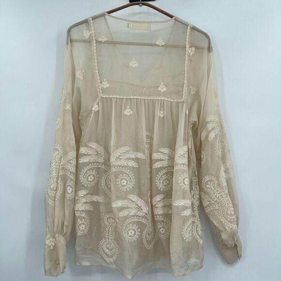 4 Love And Liberty Cream Floral Embroidered Sheer Silk Chiffon Blouse XS - Picture 6 of 7